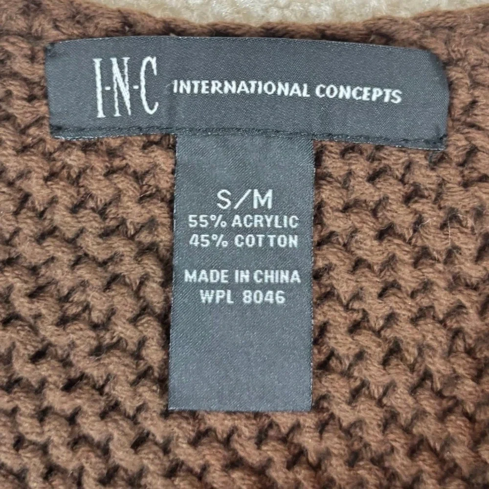 INC International Concepts Brown Cable Knit Fringe Poncho Roasted Chestnut SM
